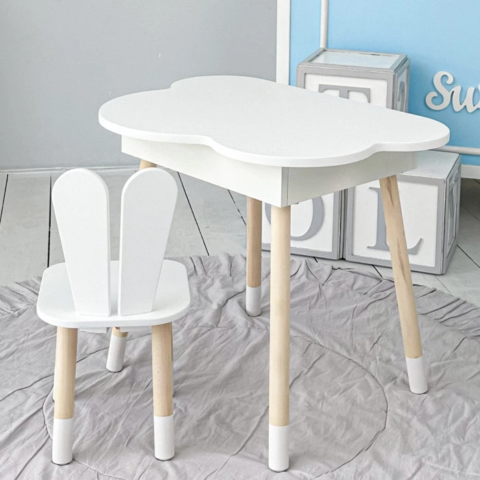 Столик хмаринка з нішею яка підіймається 54х68х50 і стільчик вушка зайчика 26.5х26х25, стіл та стілець в дитячу, білий