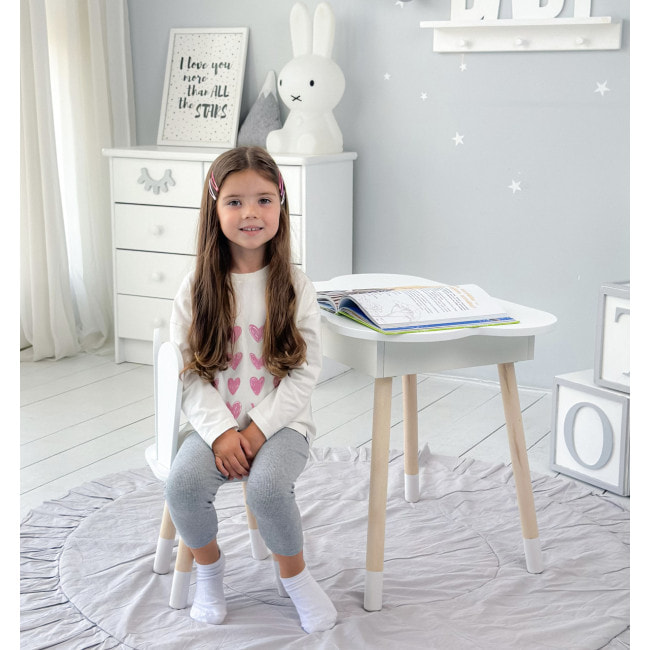 Столик облачко с поднимающейся нишей 54х68х50 и стульчик ушка зайчика 26.5х26х25, стол и стул в детский, белый