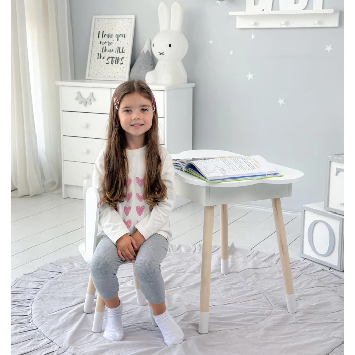 Столик хмаринка з нішею яка підіймається 54х68х50 і стільчик вушка зайчика 26.5х26х25, стіл та стілець в дитячу, білий