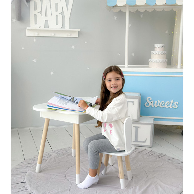 Столик облачко с поднимающейся нишей 54х68х50 и стульчик ушка зайчика 26.5х26х25, стол и стул в детский, белый