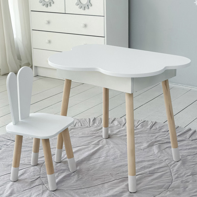 Столик облачко с поднимающейся нишей 54х68х50 и стульчик ушка зайчика 26.5х26х25, стол и стул в детский, белый