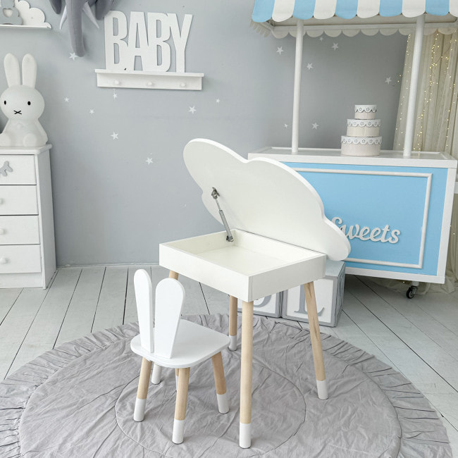 Столик облачко с поднимающейся нишей 54х68х50 и стульчик ушка зайчика 26.5х26х25, стол и стул в детский, белый