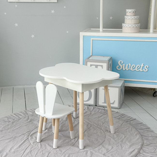Столик облачко с поднимающейся нишей 54х68х50 и стульчик ушка зайчика 26.5х26х25, стол и стул в детский, белый
