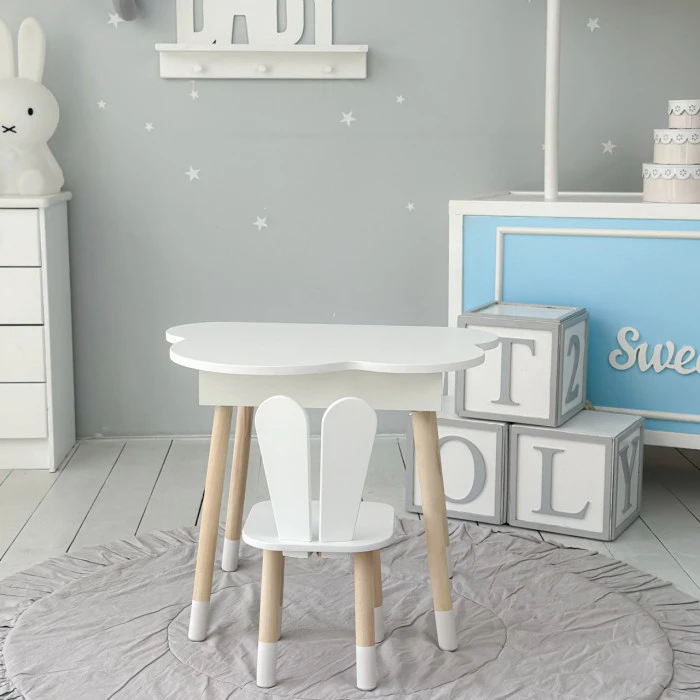 Столик хмаринка з нішею яка підіймається 54х68х50 і стільчик вушка зайчика 26.5х26х25, стіл та стілець в дитячу, білий