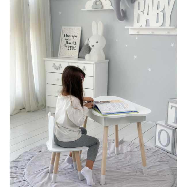Столик облачко с поднимающейся нишей 54х68х50 и стульчик ушка зайчика 26.5х26х25, стол и стул в детский, белый