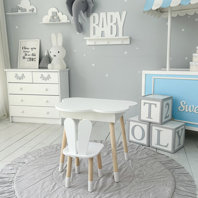 Столик облачко с поднимающейся нишей 54х68х50 и стульчик ушка зайчика 26.5х26х25, стол и стул в детский, белый