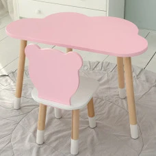 Столик хмарка 46х70х40 та стілець медведик 26.5х26х25, дитячий стіл та стільчик для малювання/занять, рожевий з білим