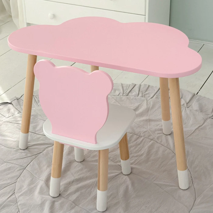 Столик хмарка 46х70х40 та стілець медведик 26.5х26х25, дитячий стіл та стільчик для малювання/занять, рожевий з білим