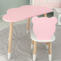 Столик облако 46х70х40 и стул медведик 26.5х26х25, детский стол и стульчик для рисования/занятий, розовый с белым