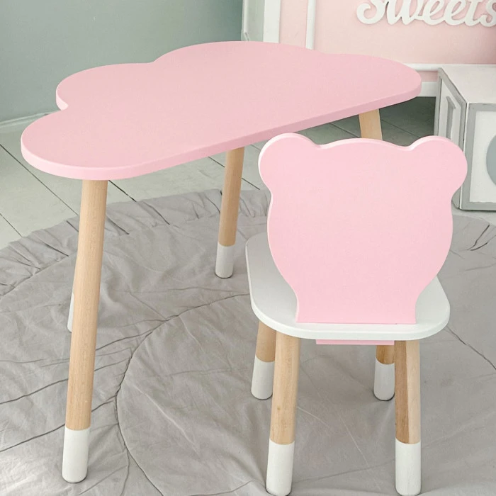 Столик хмарка 46х70х40 та стілець медведик 26.5х26х25, дитячий стіл та стільчик для малювання/занять, рожевий з білим