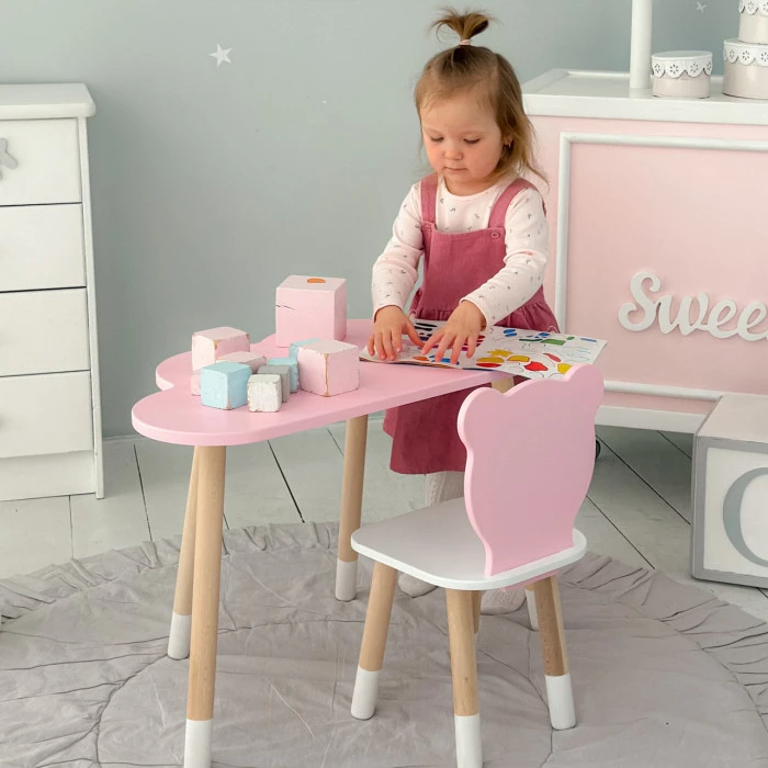 Столик хмарка 46х70х40 та стілець медведик 26.5х26х25, дитячий стіл та стільчик для малювання/занять, рожевий з білим