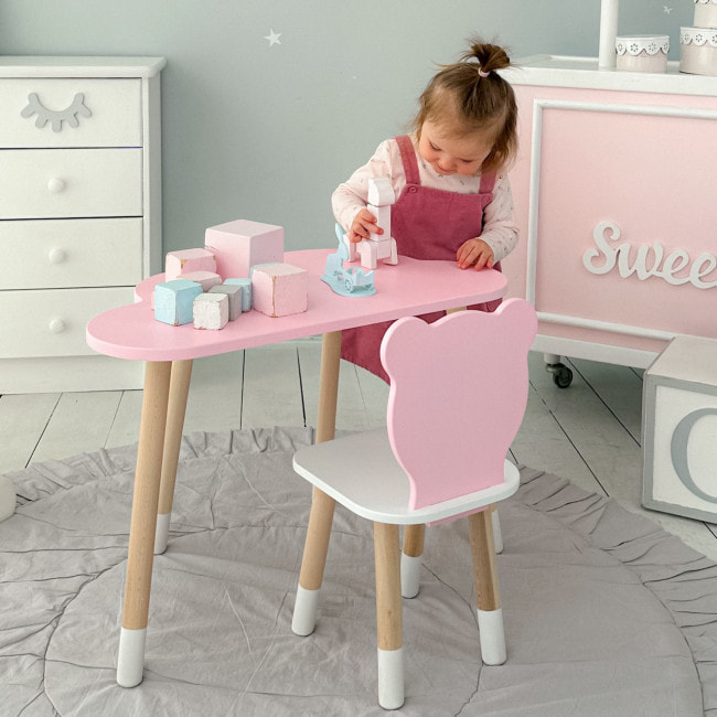 Столик хмарка 46х70х40 та стілець медведик 26.5х26х25, дитячий стіл та стільчик для малювання/занять, рожевий з білим