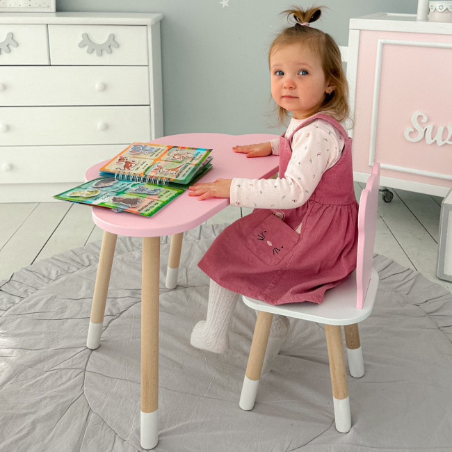 Столик хмарка 46х70х40 та стілець медведик 26.5х26х25, дитячий стіл та стільчик для малювання/занять, рожевий з білим