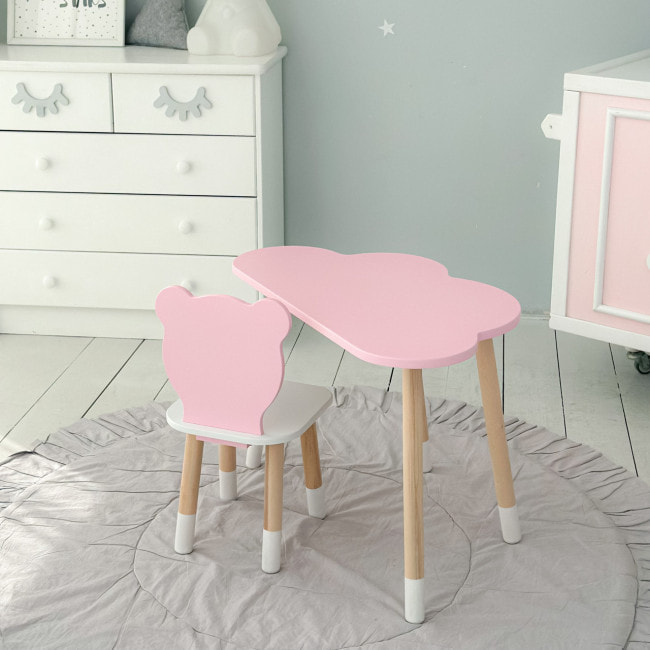 Столик хмарка 46х70х40 та стілець медведик 26.5х26х25, дитячий стіл та стільчик для малювання/занять, рожевий з білим