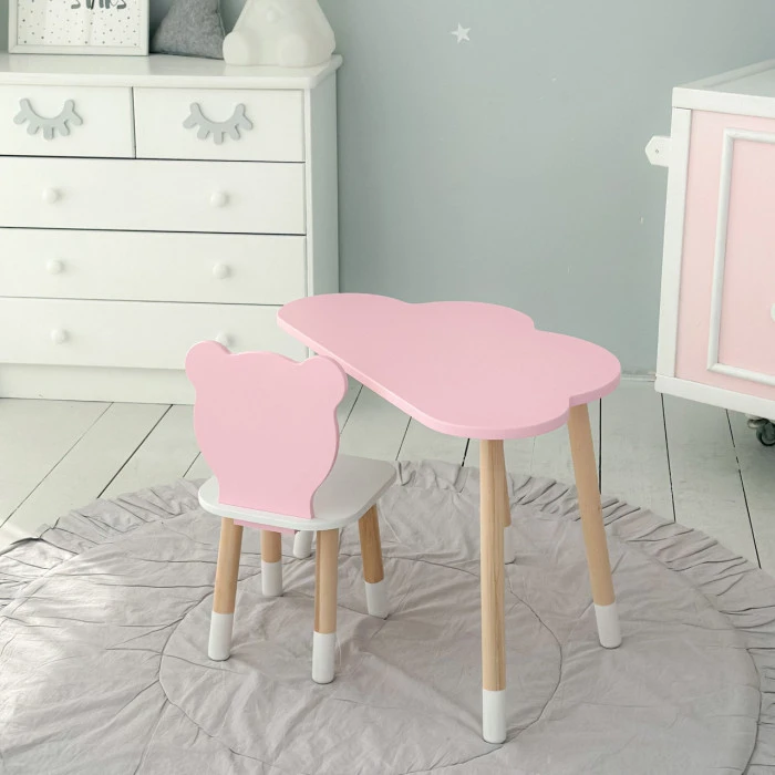 Столик хмарка 46х70х40 та стілець медведик 26.5х26х25, дитячий стіл та стільчик для малювання/занять, рожевий з білим