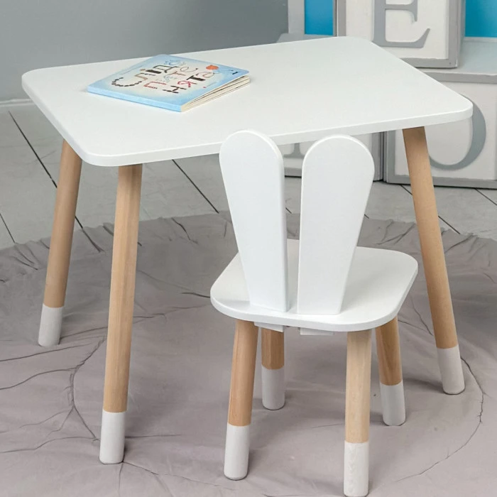 Стіл прямокутний 46х60х45 і стілець вушка кролика 26.5х26х25, столик та стільчик в дитячу, білий