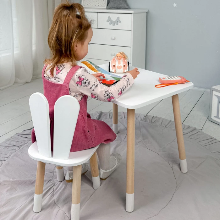 Стіл прямокутний 46х60х45 і стілець вушка кролика 26.5х26х25, столик та стільчик в дитячу, білий