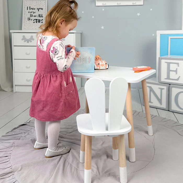 Стіл прямокутний 46х60х45 і стілець вушка кролика 26.5х26х25, столик та стільчик в дитячу, білий