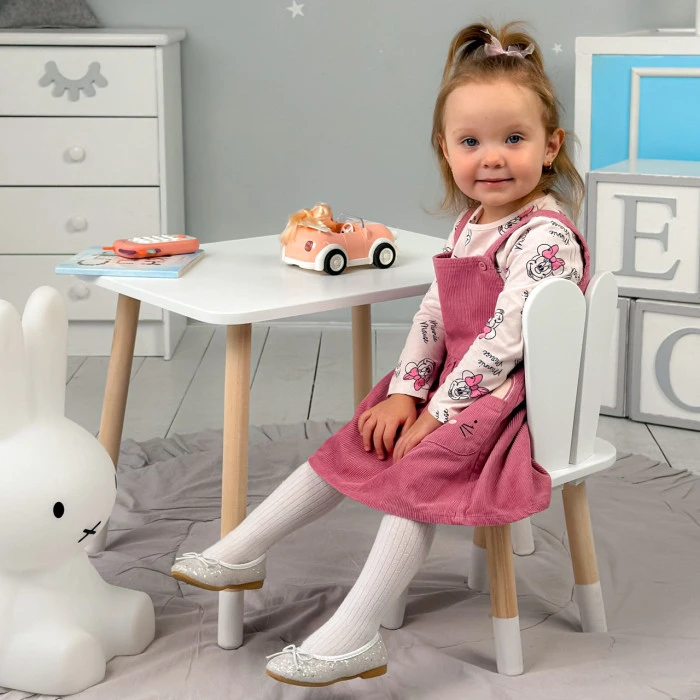 Стіл прямокутний 46х60х45 і стілець вушка кролика 26.5х26х25, столик та стільчик в дитячу, білий