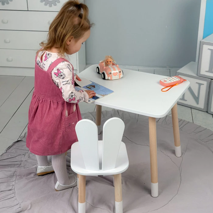Стіл прямокутний 46х60х45 і стілець вушка кролика 26.5х26х25, столик та стільчик в дитячу, білий
