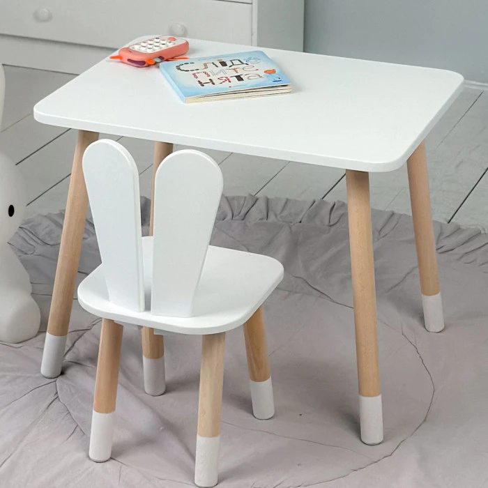 Стіл прямокутний 46х60х45 і стілець вушка кролика 26.5х26х25, столик та стільчик в дитячу, білий