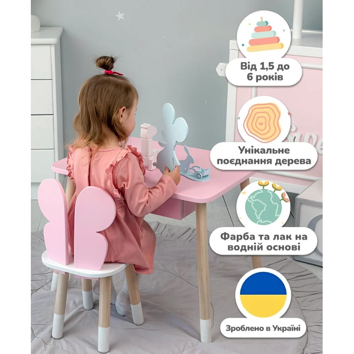 Дитячий стільчик метелик 26.5х26х25см, стілець у дівчачу кімнату, білий з рожевим