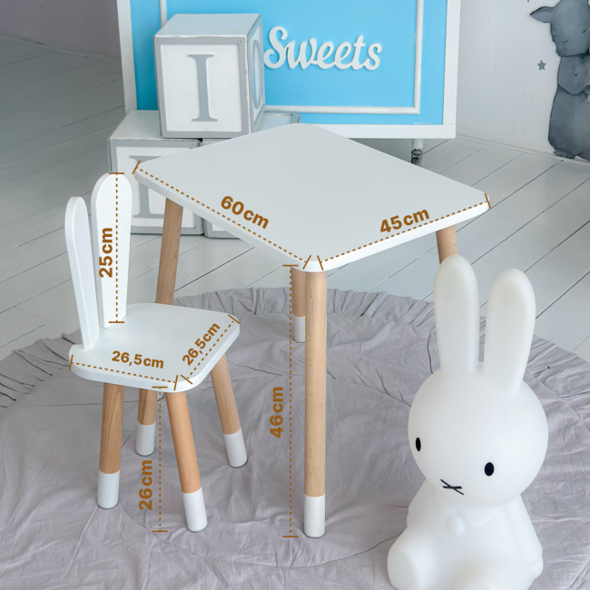 Стол прямоугольный 46х60х45 и стул ушки кролика 26.5х26х25, столик и стульчик в детский, белый