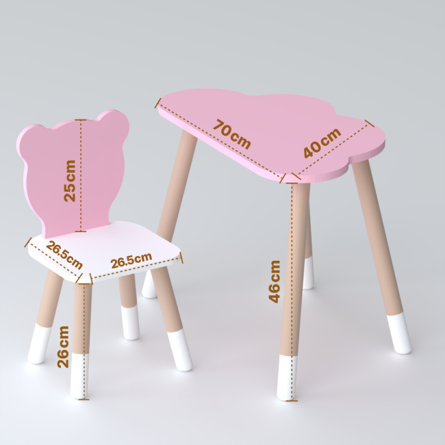 Столик хмарка 46х70х40 та стілець медведик 26.5х26х25, дитячий стіл та стільчик для малювання/занять, рожевий з білим