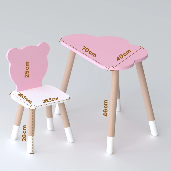 Столик хмарка 46х70х40 та стілець медведик 26.5х26х25, дитячий стіл та стільчик для малювання/занять, рожевий з білим