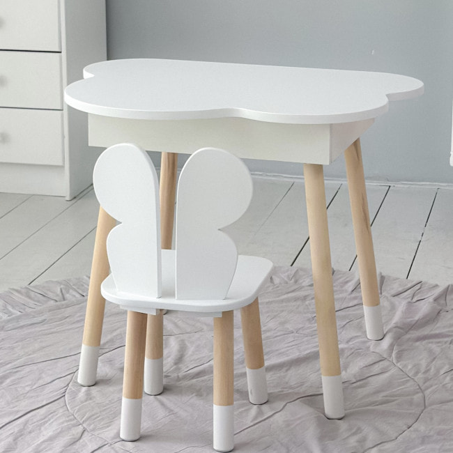 Столик облачко с нишей для вещей 54х68х50 и стульчик спинка в форме бабочки 26.5х26х25, стол и стул в детскую комнату, белый