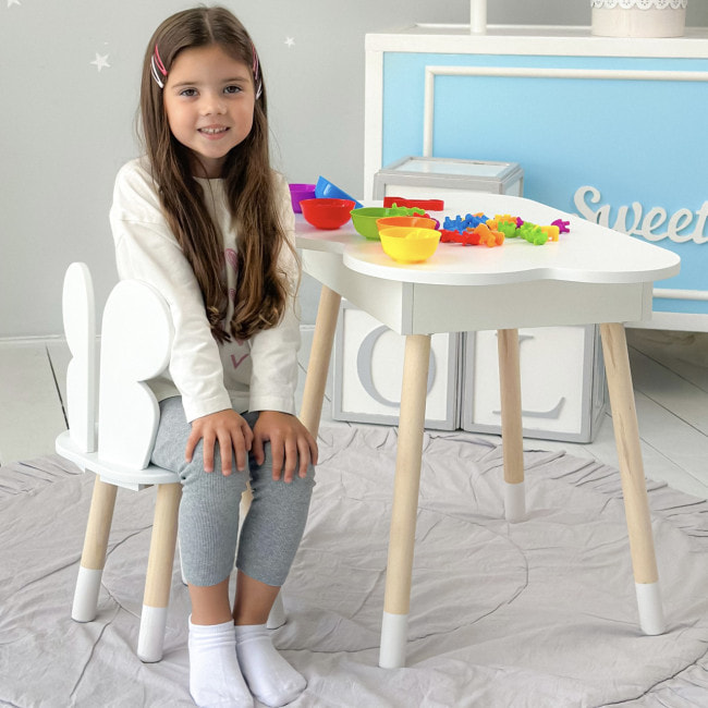 Столик облачко с нишей для вещей 54х68х50 и стульчик спинка в форме бабочки 26.5х26х25, стол и стул в детскую комнату, белый