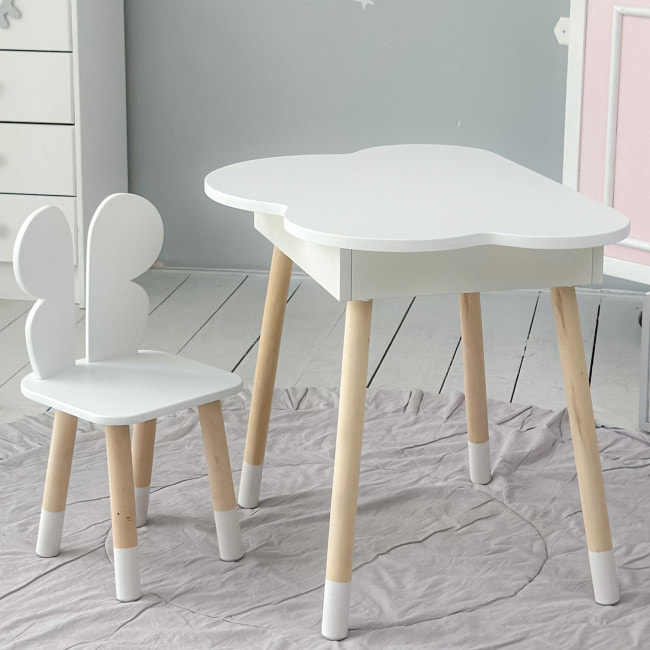 Столик облачко с нишей для вещей 54х68х50 и стульчик спинка в форме бабочки 26.5х26х25, стол и стул в детскую комнату, белый