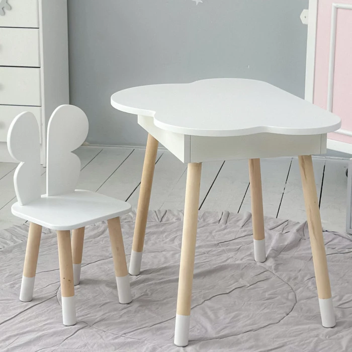 Столик хмаринка з нішею для речей 54х68х50 і стільчик спинка в формі метелика 26.5х26х25, стіл та стілець в дитячу кімнату, білий