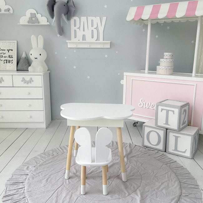 Столик облачко с нишей для вещей 54х68х50 и стульчик спинка в форме бабочки 26.5х26х25, стол и стул в детскую комнату, белый