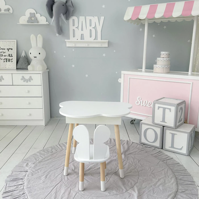 Столик хмаринка з нішею для речей 54х68х50 і стільчик спинка в формі метелика 26.5х26х25, стіл та стілець в дитячу кімнату, білий