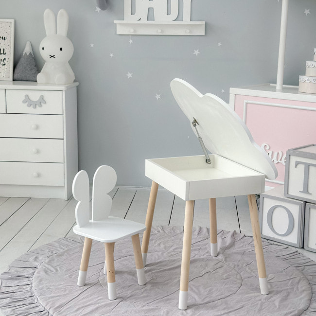 Столик облачко с нишей для вещей 54х68х50 и стульчик спинка в форме бабочки 26.5х26х25, стол и стул в детскую комнату, белый