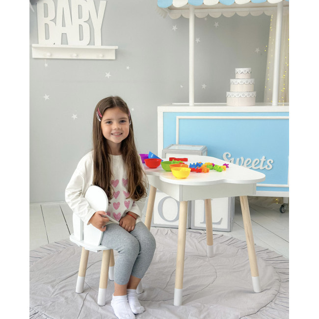 Столик облачко с нишей для вещей 54х68х50 и стульчик спинка в форме бабочки 26.5х26х25, стол и стул в детскую комнату, белый