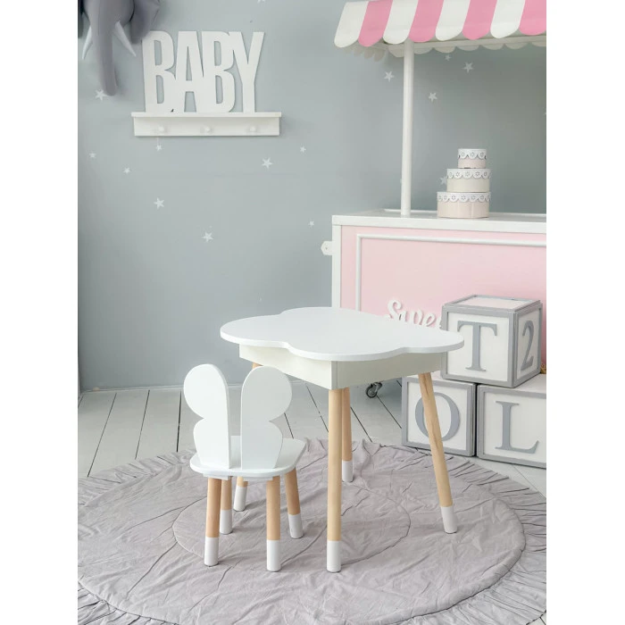 Столик хмаринка з нішею для речей 54х68х50 і стільчик спинка в формі метелика 26.5х26х25, стіл та стілець в дитячу кімнату, білий