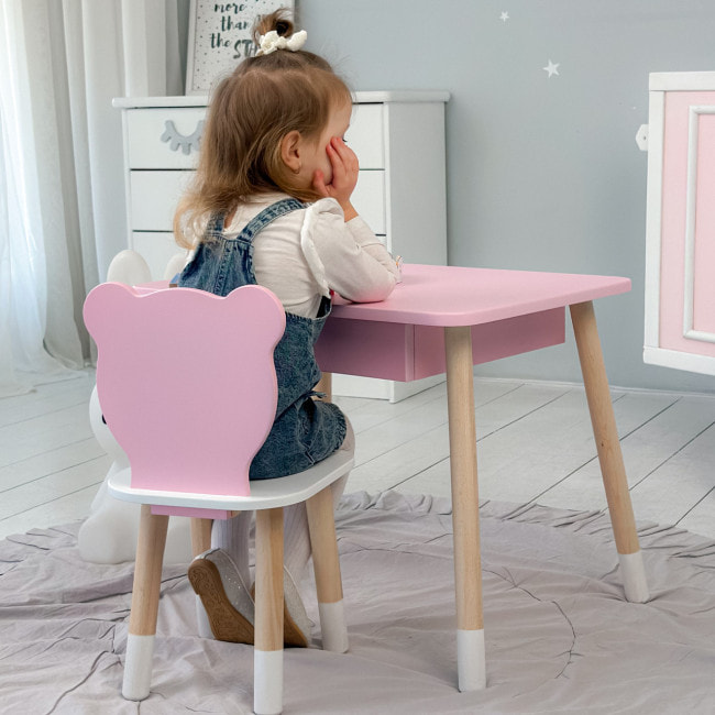 Стол прямоугольный с ящиком 46х60х45 и стул медвежья 26.5х26х25, столик и стульчик для детской комнаты, розовый с белым