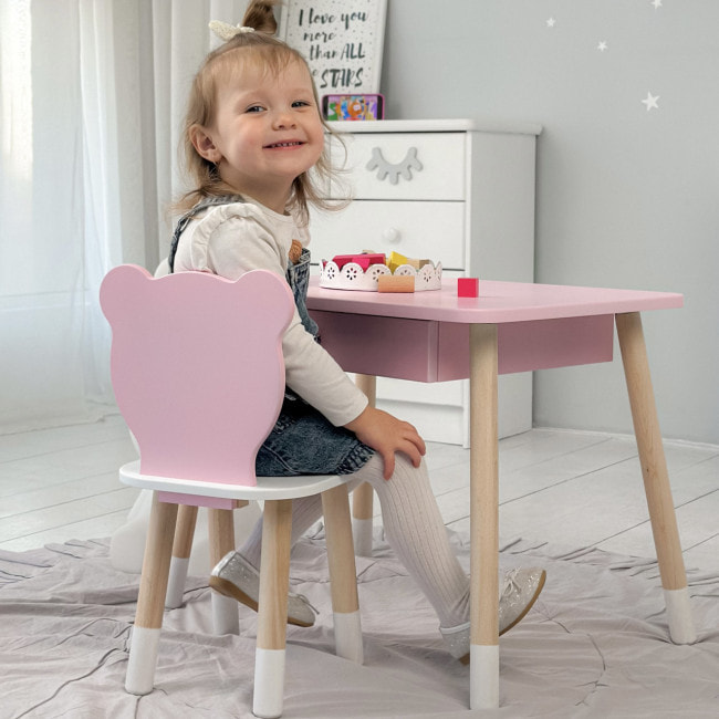 Стол прямоугольный с ящиком 46х60х45 и стул медвежья 26.5х26х25, столик и стульчик для детской комнаты, розовый с белым
