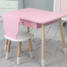 Стол прямоугольный с ящиком 46х60х45 и стул медвежья 26.5х26х25, столик и стульчик для детской комнаты, розовый с белым