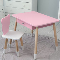 Стол прямоугольный с ящиком 46х60х45 и стул медвежья 26.5х26х25, столик и стульчик для детской комнаты, розовый с белым