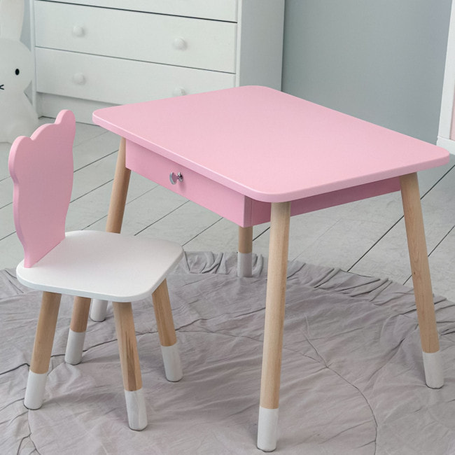 Стол прямоугольный с ящиком 46х60х45 и стул медвежья 26.5х26х25, столик и стульчик для детской комнаты, розовый с белым