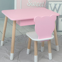Стол прямоугольный с ящиком 46х60х45 и стул медвежья 26.5х26х25, столик и стульчик для детской комнаты, розовый с белым