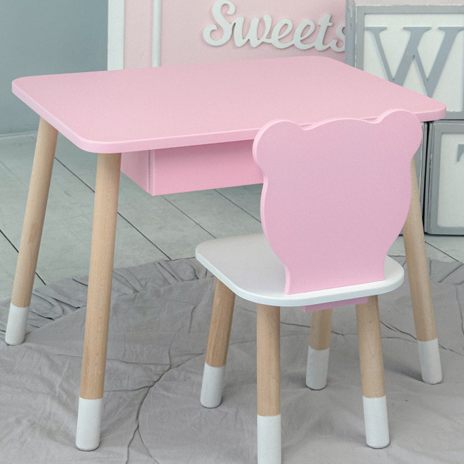 Стол прямоугольный с ящиком 46х60х45 и стул медвежья 26.5х26х25, столик и стульчик для детской комнаты, розовый с белым