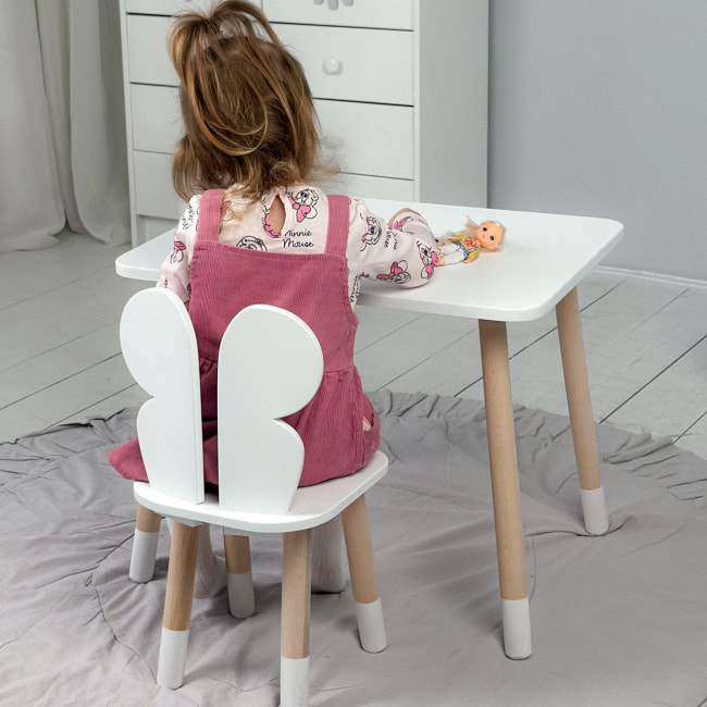 Стол прямоугольный 46х60х45 и стул бабочка 26.5х26х25, столик и стульчик для девочки до 7 лет, белый