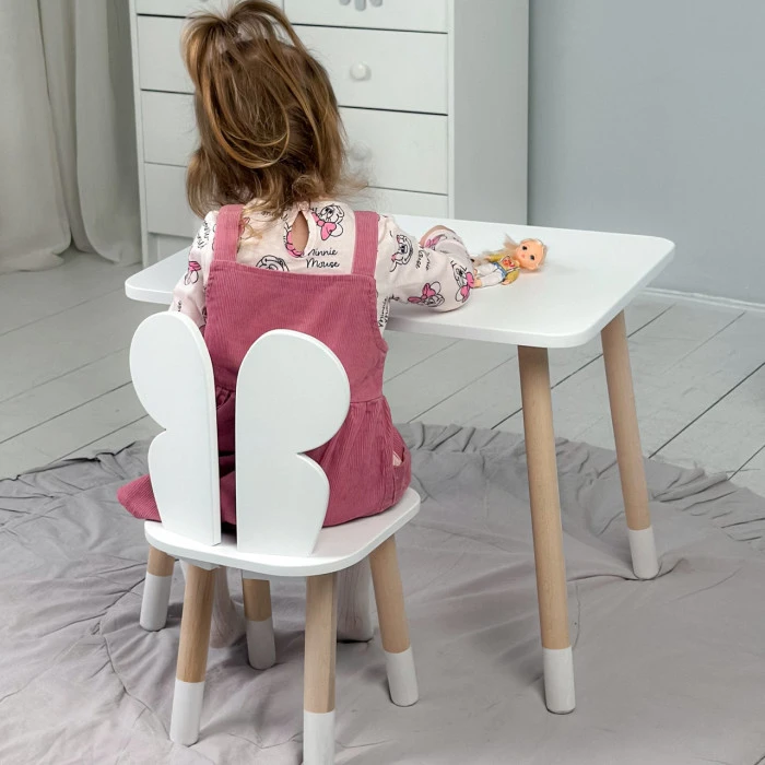 Стіл прямокутний 46х60х45 і стілець метелик 26.5х26х25, столик та стільчик для дівчинки до 7 років, білий