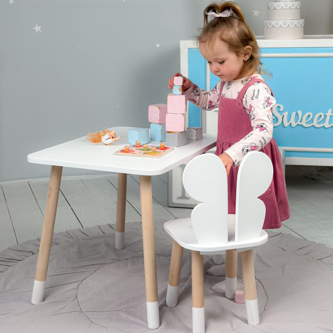 Стол прямоугольный 46х60х45 и стул бабочка 26.5х26х25, столик и стульчик для девочки до 7 лет, белый