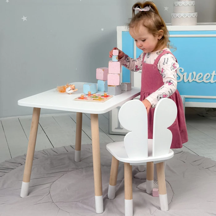 Стіл прямокутний 46х60х45 і стілець метелик 26.5х26х25, столик та стільчик для дівчинки до 7 років, білий