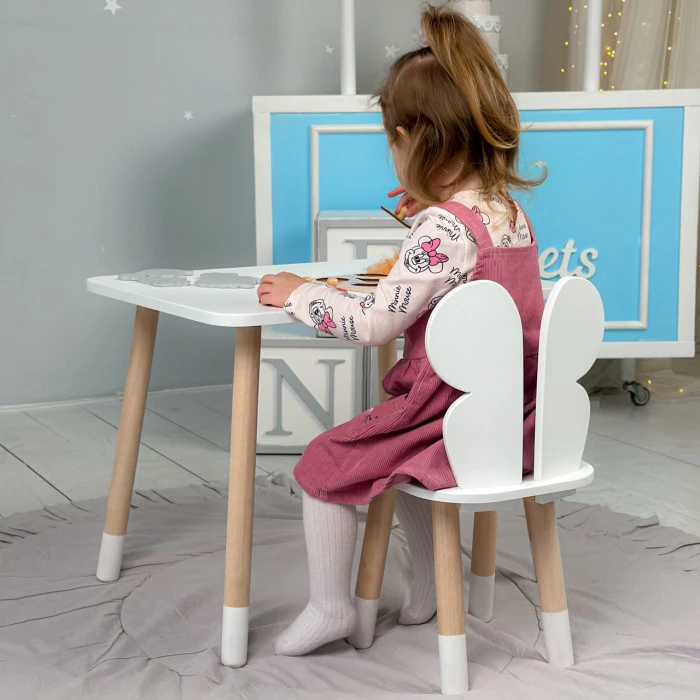 Стіл прямокутний 46х60х45 і стілець метелик 26.5х26х25, столик та стільчик для дівчинки до 7 років, білий